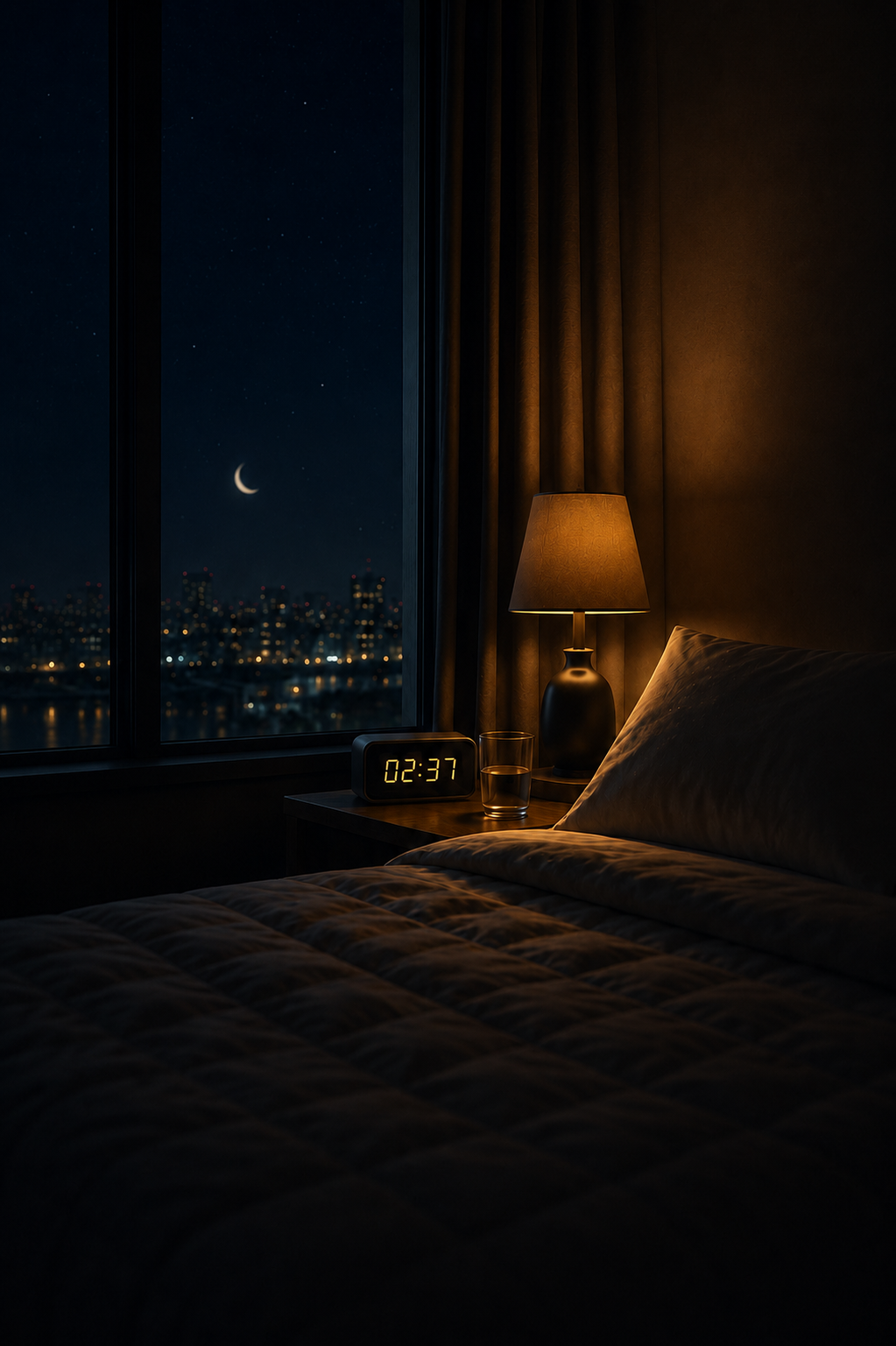 Hotel bedroom at night with clock