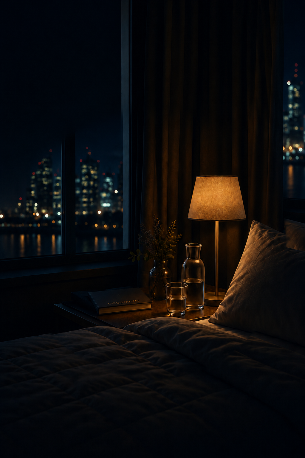 Cozy hotel bedroom at night